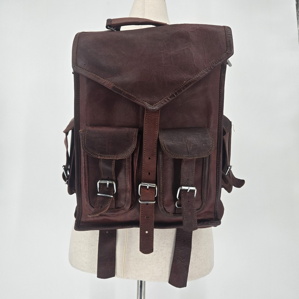 Brown Leather Backpack Rucksack Laptop Travel Buckle Rustic 15x11x5 Vintage Mult